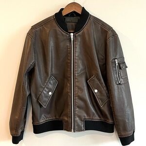 Blank NYC Men’s Brown Faux Leather Bomber Jacket Full Zip Pockets S